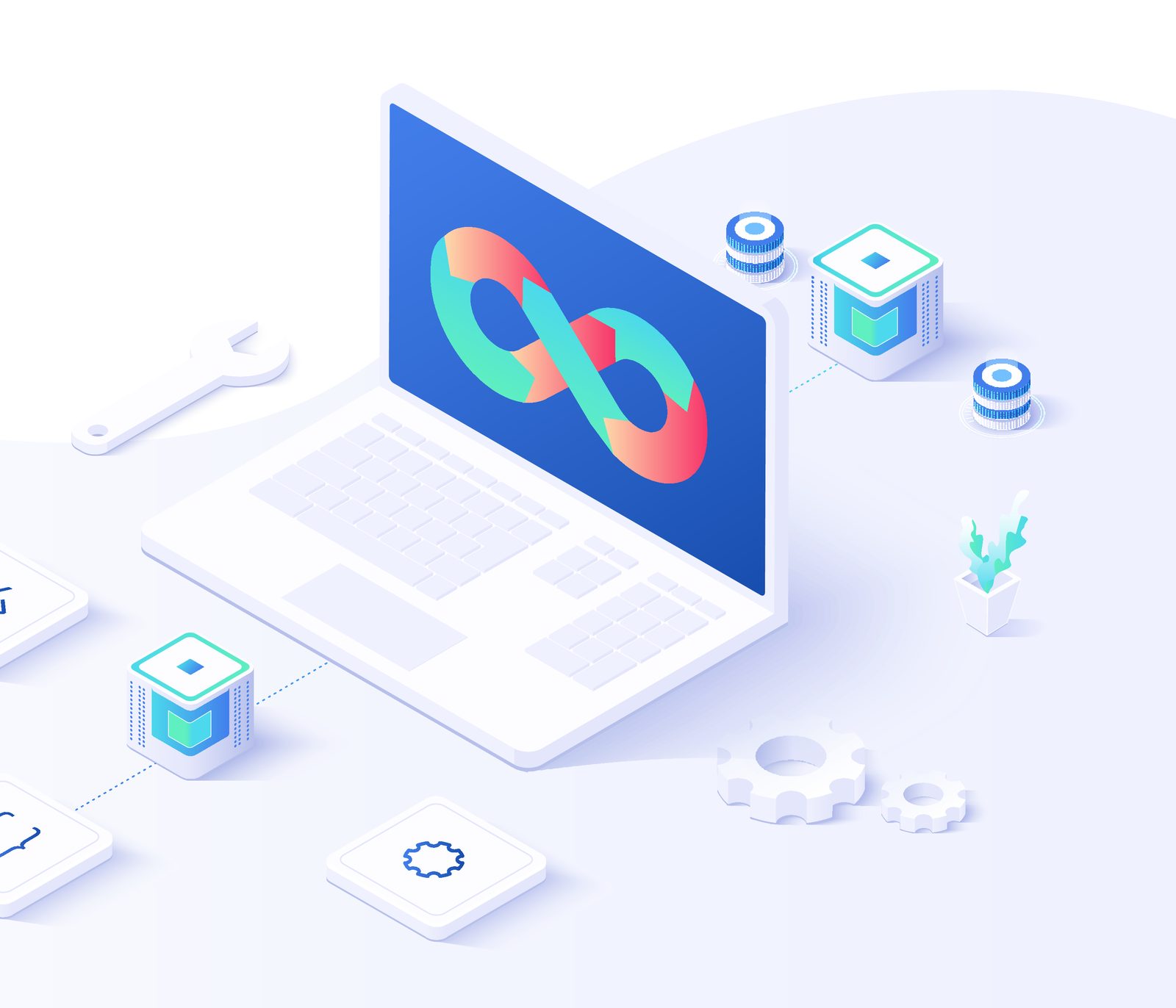 Illustration DevOps : ordinateur portable affichant la boucle d'intégration et de déploiement continus, serveurs et outils