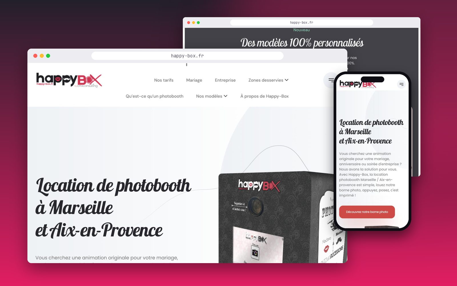 Site happy-box.fr sur ordinateur et smartphone : page d'accueil et galerie de modèles