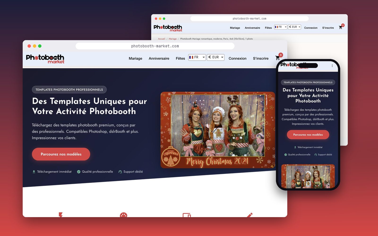 Site photobooth-market.com sur ordinateur et smartphone : page d'accueil et fiche produit